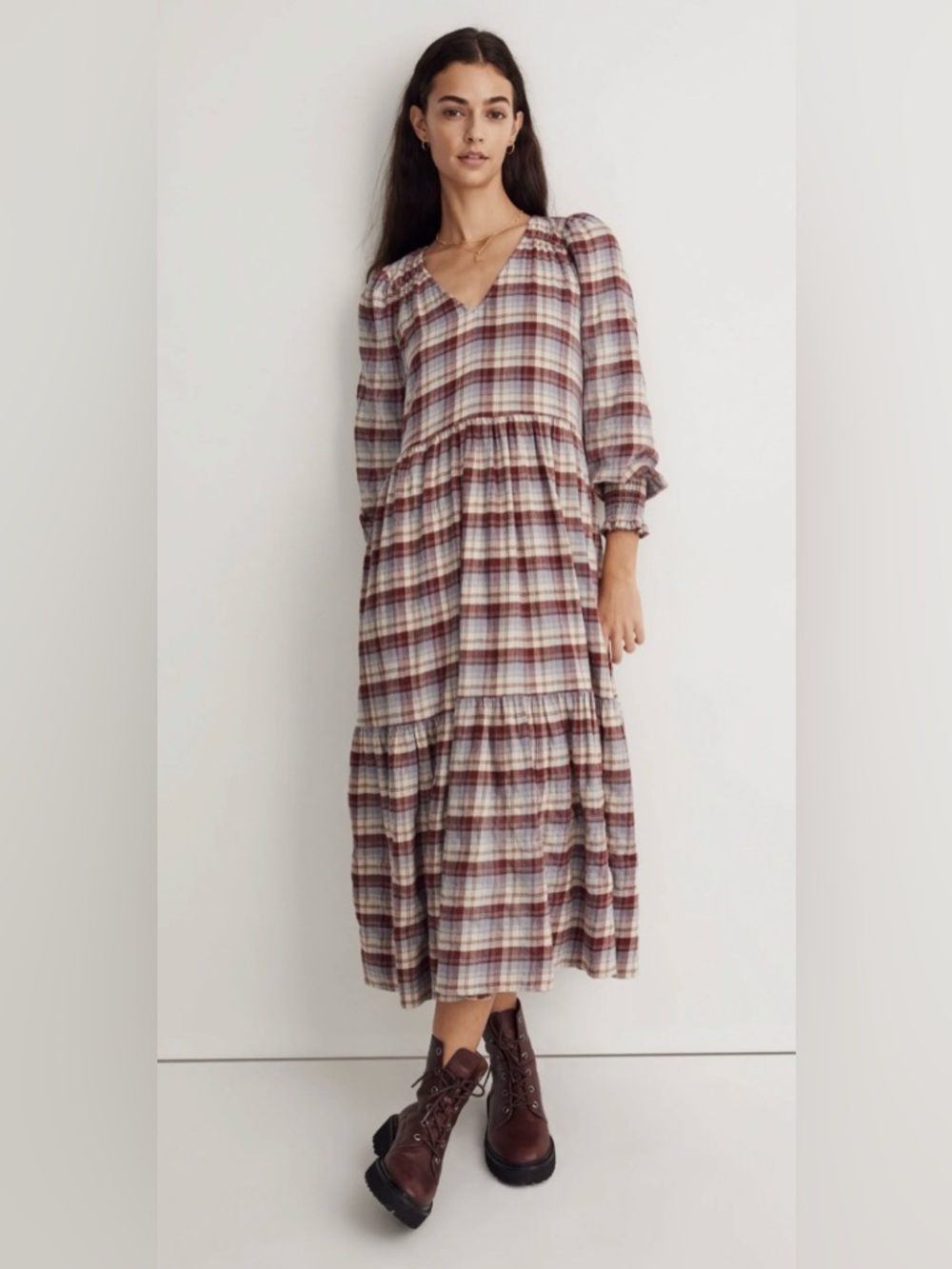 Madewell Plaid Tiered Midi Dress Burgundy Cream Blue V-Neck Long Sleeve Small